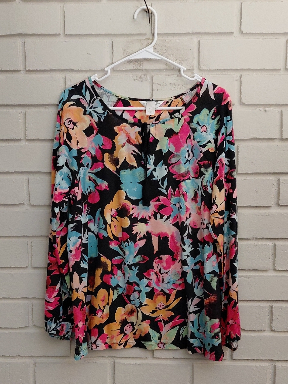 Christopher & Banks Black Long-Sleeve Floral Boho Blouse. Size Petite Large
